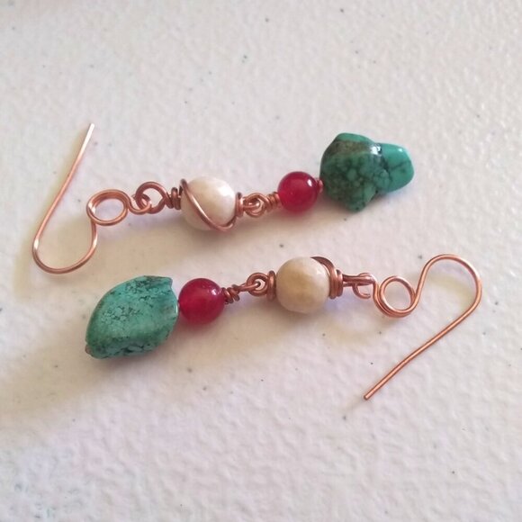 One-of-a-Kind! Beaded + Wire Wrapped Dangle Earrings! Turquoise Red Cream Copper - Picture 5 of 12